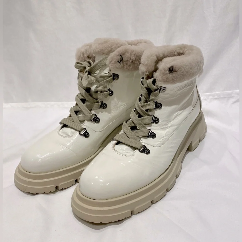 Candice Cooper Chado Patent Leather and Shearling Boots in White, size 10.5 - 11